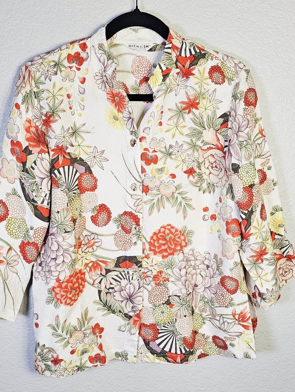 Citron Santa Monica Silk Blend Floral Fan Art to Wear Blouse Large